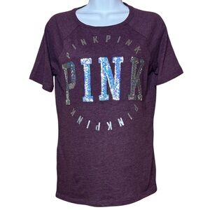 PINK Victoria’s Secret T-shirt Campus Tee Y2K Sequins Maroon Silver Size XS